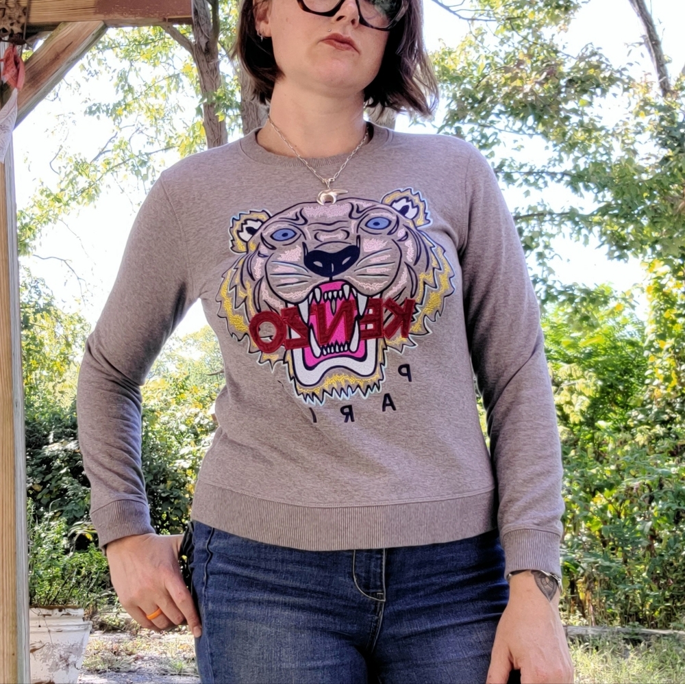 Grey kenzo paris lion logo sweater